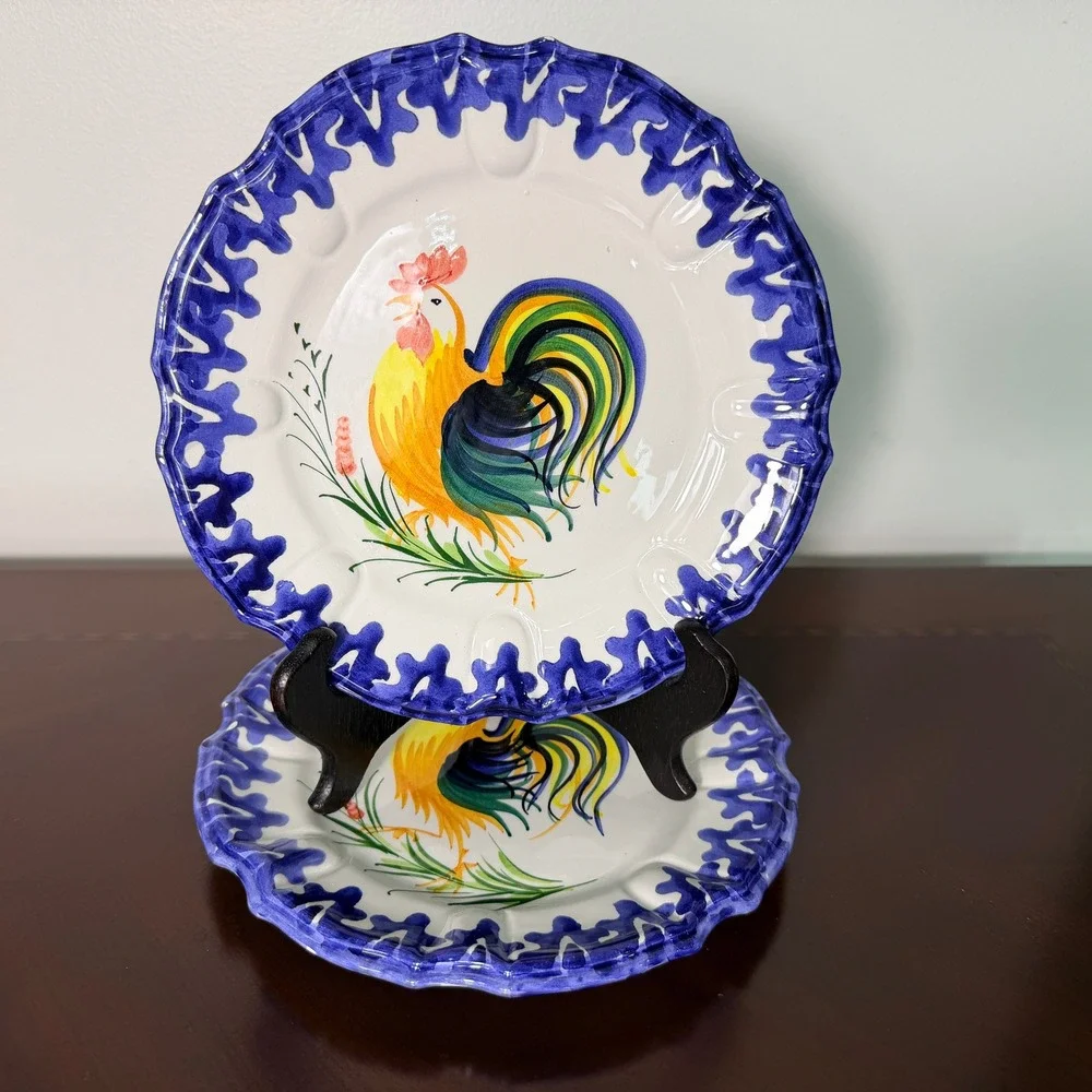 Vintage Zanolli Italy Hand Painted Rooster Majolica Plates Set of 2 Tuscan Decor